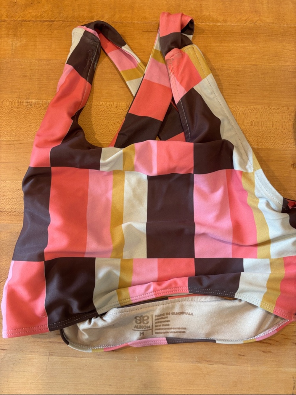 Albion Fit Women’s Check Print Pink & Brown Crossback Swim Top